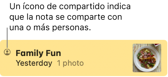 Una nota que se ha compartido con otras personas en una conversación de Mensajes, con el ícono Compartido a la izquierda del nombre de la nota.