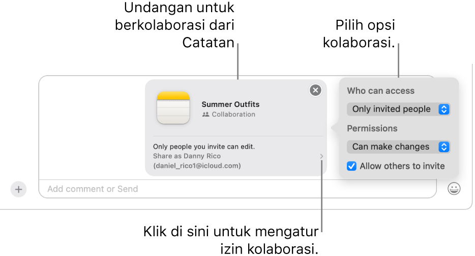 Tampilan jarak dekat dari bidang pesan teks di bagian bawah percakapan Pesan. Ada undangan untuk berkolaborasi di catatan. Anda dapat mengeklik sisi kanan undangan untuk mengatur izin kolaborasi.