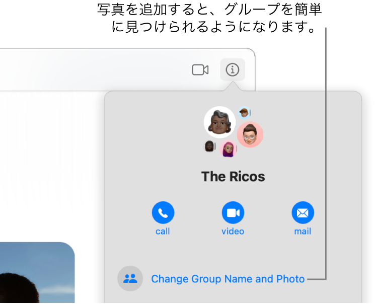チャットで「情報」ボタンをクリックすると表示されるグループチャットの「情報」表示。グループメンバーのアイコンやグループ名が表示されています。グループ名の下には、オーディオ通話やFaceTimeビデオ通話のボタンや、グループにメールを送るボタンがあります。その下には、グループの名前や写真を変更するボタンがあります。