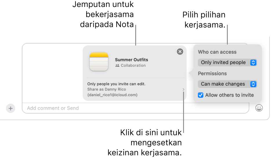 Pandangan dekat medan mesej teks di bahagian bawah perbualan Mesej. Terdapat jemputan untuk bekerjasama pada nota. Anda boleh klik sebelah kanan jemputan untuk mengesetkan keizinan kerjasama.