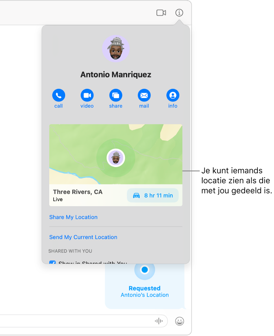 Infoweergave die verschijnt nadat je in een gesprek op de infoknop hebt geklikt, met het symbool van een persoon die hun locatie met je heeft gedeeld en een kaart en adres voor de desbetreffende locatie.