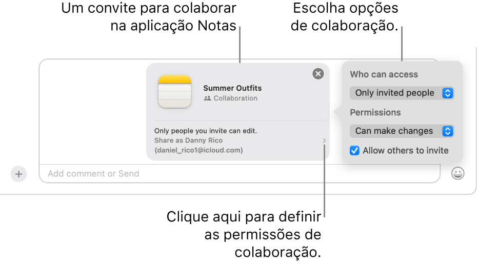 Um grande plano do campo de mensagem de texto na parte inferior da conversa na aplicação Mensagens. Há um convite para colaborar numa nota. Pode clicar no lado direito do convite para definir permissões de colaboração.