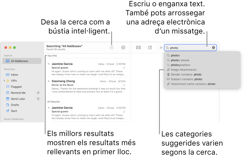 La bústia on es fa la cerca es ressalta a la barra de cerca. Per buscar en una altra bústia, fes clic al seu nom. Pots introduir o enganxar text al camp de cerca, o arrossegar una adreça electrònica des d’un missatge. A mesura que escrius, els suggeriments apareixen sota el camp de cerca. S’organitzen en categories, com ara Tema o Adjunts, en funció del text de la cerca. “Millors resultats” posa els resultats més rellevants primer.