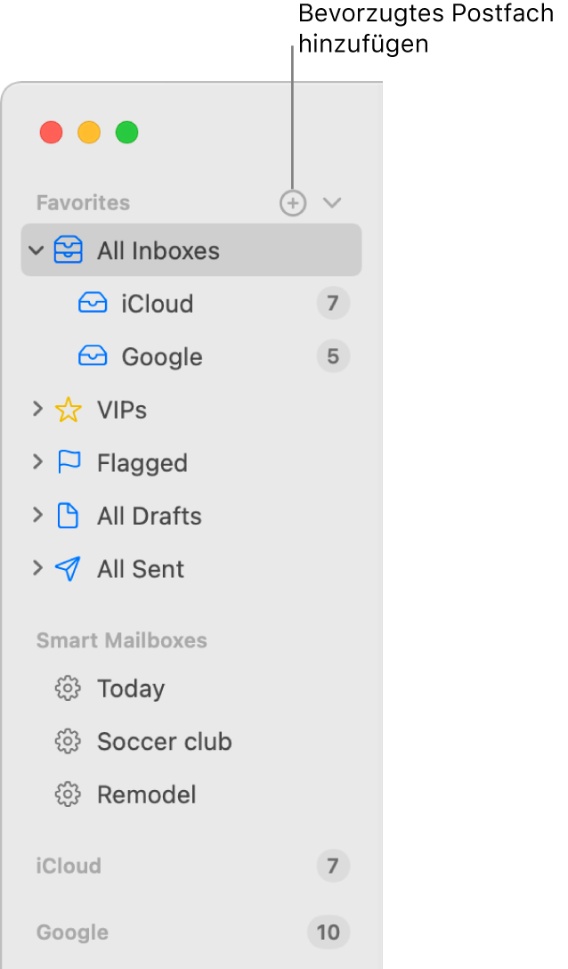 Die Seitenleiste von Mail mit verschiedenen Accounts und Postfächern sowie den Bereichen für die Favoriten und intelligenten Postfächer. Klicke oben in der Seitenleiste auf die Taste rechts neben „Favoriten“, um ein Postfach zu diesem Bereich hinzuzufügen.