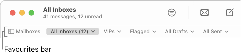 The Favorites bar showing the Mailboxes button and buttons to access favorite mailboxes, such as VIPs and Flagged.