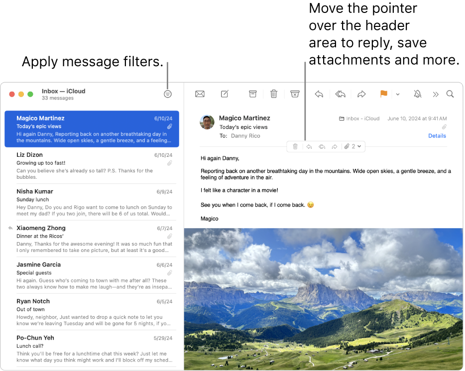 The Mail window. Click the Filter button in the toolbar to apply message filters. To reveal buttons for replying, saving attachments and more, move the pointer over the header area of a message.