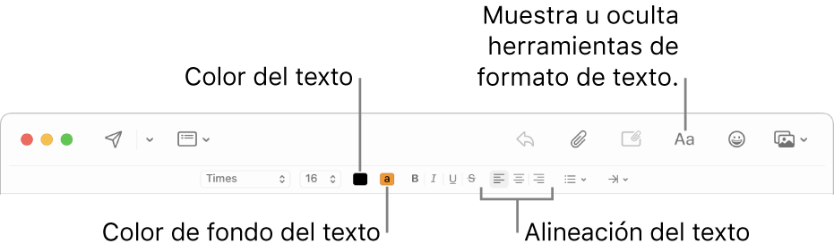 La barra de herramientas y las opciones de formato en la ventana de un mensaje nuevo indicando el color del texto, el color del fondo y los botones de alineación de texto.