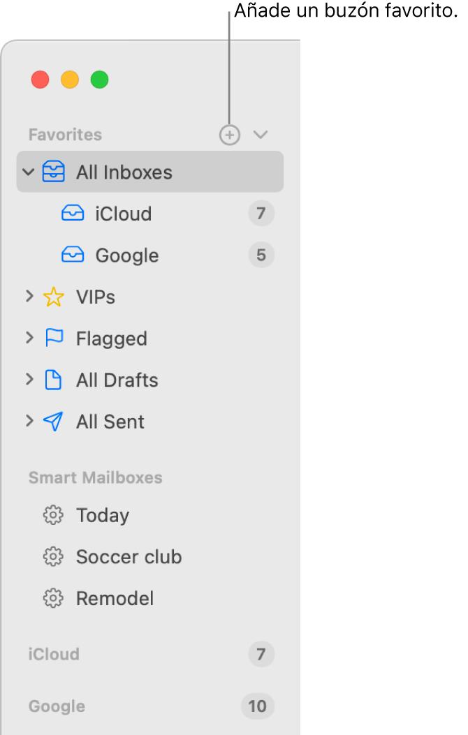 La barra lateral de Mail, con distintas cuentas y buzones, y secciones como Favoritos y “Buzones inteligentes”. En la parte superior de la barra lateral, haz clic en el botón de Favoritos para añadir un buzón a esa sección.