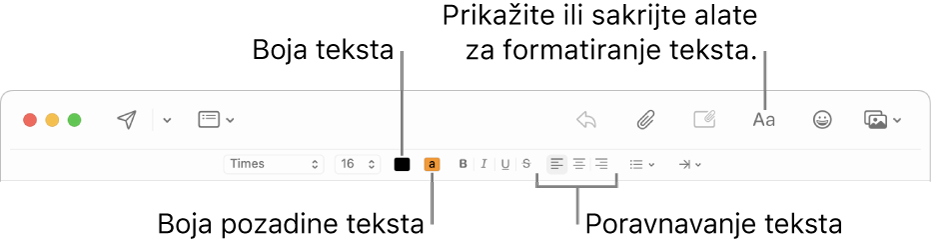 Alatna traka i opcije formatiranja u novom prozoru poruke označavaju boju teksta, pozadinsku boju teksta i tipke za poravnavanje teksta.