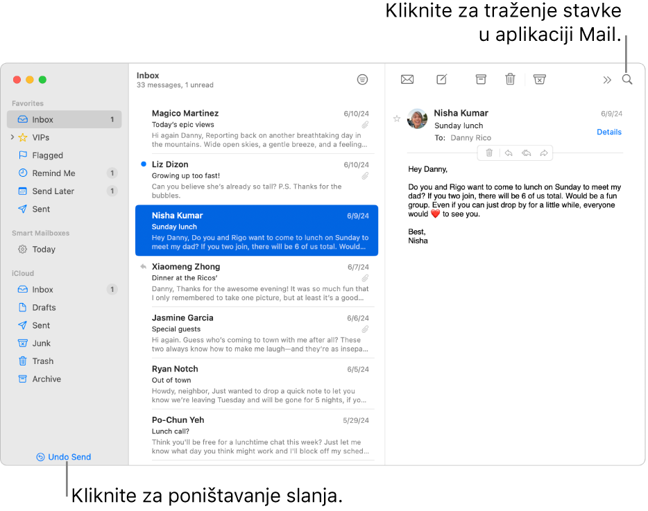 Prozor aplikacije Mail s rubnim stupcem s lijeve strane. Tipka Poništi slanje nalazi se na dnu rubnog stupca.