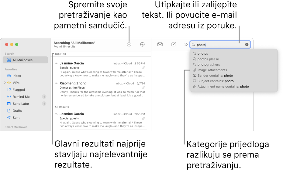 Poštanski sandučić koji se pretražuje naznačen je u traci za pretragu. Za pretraživanje drugog sandučića kliknite na njegov naziv. Možete unijeti ili zalijepiti tekst u polje za pretragu, ili povući e-mail adresu iz poruke. Dok unosite tekst, ispod polja za pretragu pojavljuju se prijedlozi. Organizirani su u kategorije, poput Predmet ili Prilozi, ovisno o tekstu pretrage. U Glavnim rezultatima najvažniji rezultati prikazani su prvi.