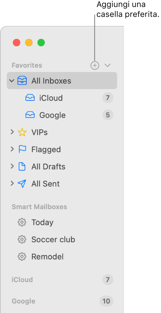 La barra laterale di Mail che mostra vari account e caselle, e sezioni come Preferiti e “Caselle smart”. Nella parte superiore della barra laterale, fai clic sul pulsante alla destra di Preferiti per aggiungere una casella alla sezione.