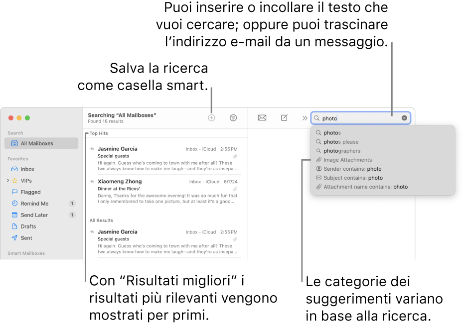 La casella in cui stai effettuando la ricerca viene evidenziata nella barra di ricerca. Per effettuare la ricerca in un’altra casella, fai clic sul nome. Puoi digitare o incollare del testo nel campo di ricerca oppure trascinare un indirizzo email da un messaggio. Mentre scrivi, i suggerimenti appaiono sotto il campo di ricerca. Sono organizzati in categorie, ad esempio Oggetto o Allegati, a seconda del testo usato per la ricerca. In “Risultati migliori” i risultati più rilevanti vengono visualizzati per primi.