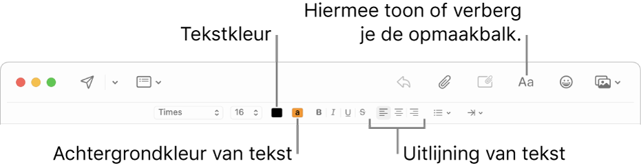 De knoppenbalk en opmaakopties in een venster voor het opstellen van een bericht, met de knoppen voor tekstkleur, achtergrondkleur van tekst en tekstuitlijning.