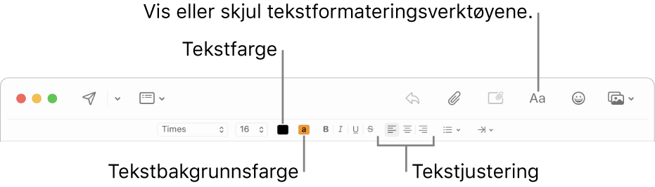 Verktøylinjen og formateringsvalgene i et nytt meldingsvindu som viser knapper for tekstfarge, bakgrunnsfarge og tekstjustering.