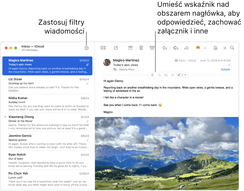 Okno główne Poczty. Kliknij w przycisk filtra na pasku narzędzi, aby zastosować filtry wiadomości. Aby wyświetlić przyciski pozwalające między innymi na odpowiadanie oraz zachowywanie załączników, przesuń wskaźnik nad obszar nagłówka wiadomości.