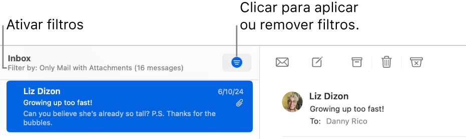 A janela do Mail a mostrar a barra de ferramentas por cima da lista de mensagens, em que o Mail indica que filtros (como “Apenas correio com anexos”) são aplicados.