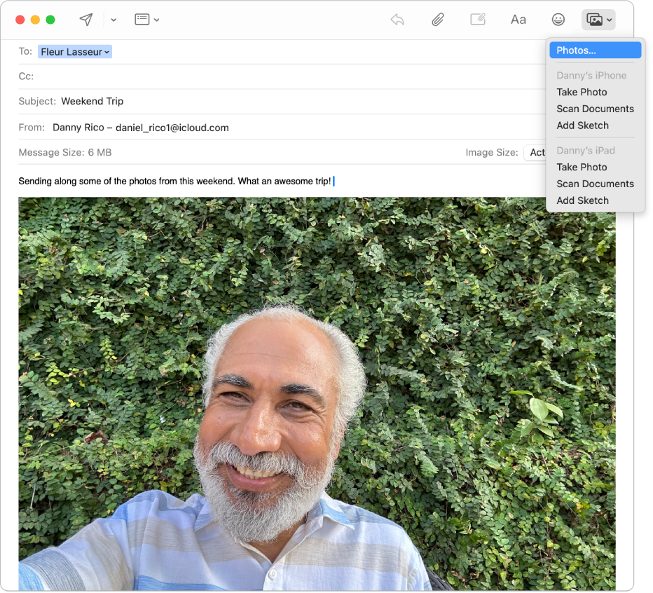 Uma janela do Mail a mostrar um e-mail e as opções do menu “Navegador de fotografias”.