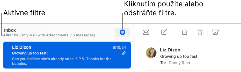 Okno apky Mail zobrazujúce panel s nástrojmi nad zoznamom správ, kde apka Mail označuje, ktoré filtre sú použité, ako napríklad Len emaily s prílohami.