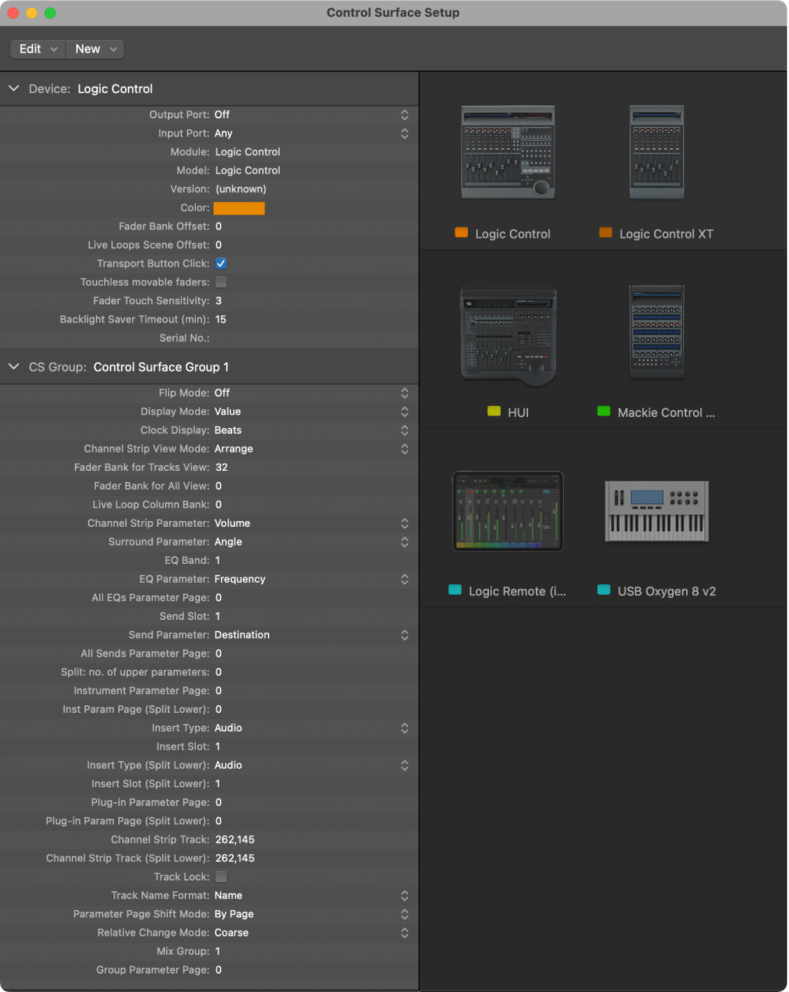 Janela de Configuração de Superfície de Controle do Logic&nbsp;Pro com várias superfícies de controle.