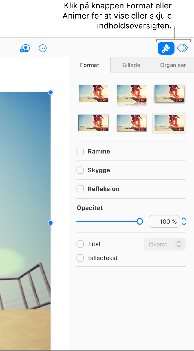 Knappen Format er valgt på værktøjslinjen, og værktøjer for format, skygge og anden formatering vises i indholdsoversigten til højre for lysbilledet.