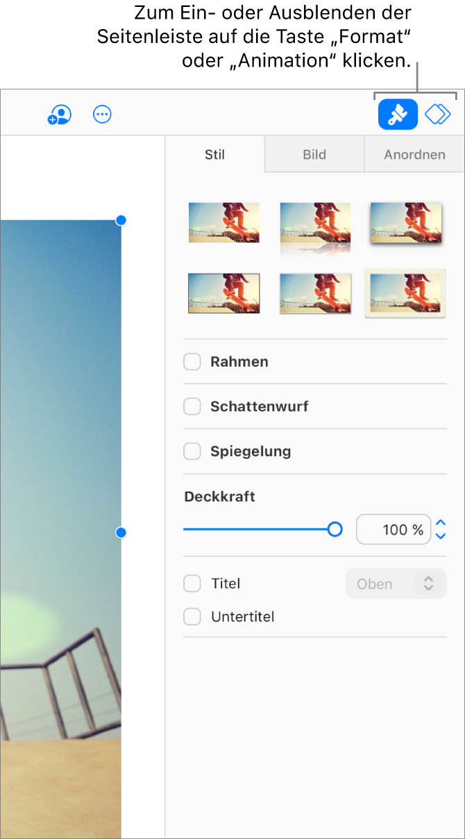 Die Taste „Format“ ist in der Symbolleiste ausgewählt und die Steuerelemente für den Stil, Schatten und weitere Formatierungen erscheinen in der Seitenleiste rechts neben der Folie.
