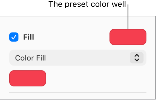 The Fill checkbox is selected in the sidebar, and the preset color well to the right of the checkbox is filled with purple. Below the checkbox, Color Fill is chosen in a pop-up menu.
