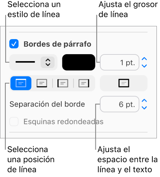 La casilla de verificación “Bordes de párrafo” está seleccionada en la pestaña Formato y, debajo de la casilla de verificación, aparecen controles para cambiar el estilo, el color, el grosor, la posición y la separación del texto.