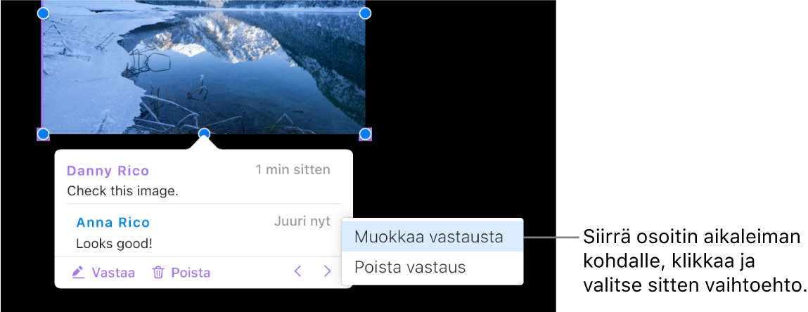 Vastauksen sisältävä kommentti on auki, hiiren osoitin on vastauksen aikaleiman kohdalla ja ponnahdusvalikossa näkyy kaksi vaihtoehtoa: Muokkaa vastausta ja Poista vastaus.