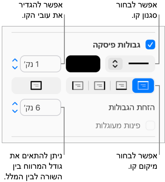 תיבת הסימון ״גבולות פסקה״ נבחרת בכרטיסיה ״פריסה״ בסרגל הצד ״עיצוב״ ופקדים לשינוי הסגנון, הצבע, העובי, המיקום וההיסט של הקו מהמלל מוצגים מתחת לתיבת הסימון.