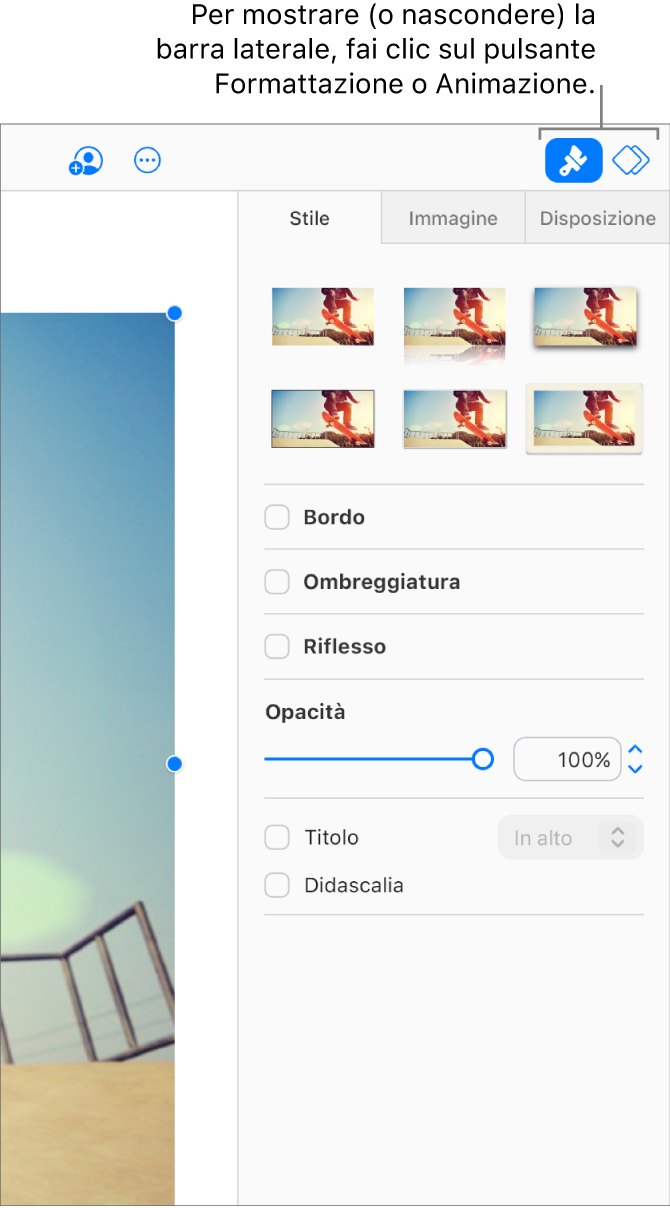 Se nella barra strumenti è selezionato il pulsante Formato, nella barra laterale a destra della presentazione vengono visualizzati i controlli per lo stile, l’ombreggiatura e altri tipi di formattazione.