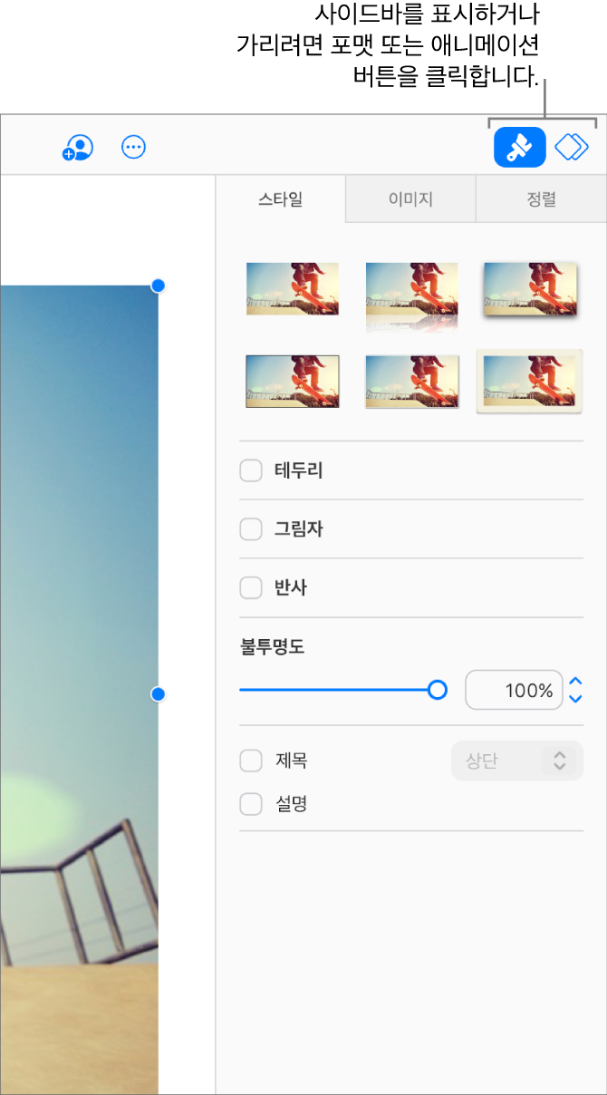 도구 막대에 포맷 버튼이 선택되어 있으며 슬라이드 오른쪽에 있는 사이드바에 스타일, 그림자 및 기타 포맷 제어기가 나타납니다.