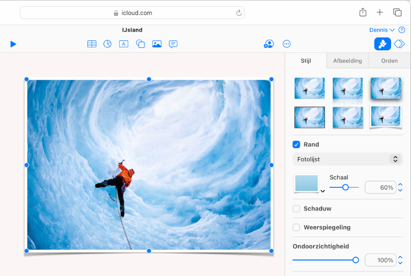 De geselecteerde afbeelding op de dia heeft een fotolijstrand en het tabblad 'Stijl' van de navigatiekolom 'Opmaak' is geopend, met 'Fotolijst' geselecteerd in het randmenu.