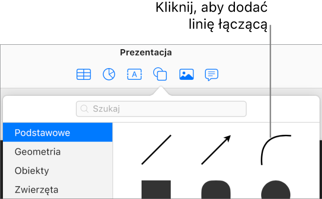 Otwarta biblioteka kształtów z wybraną kategorią Podstawowe z lewej strony i różnymi liniami oraz kształtami (w tym linią krzywą) widocznymi z prawej strony.