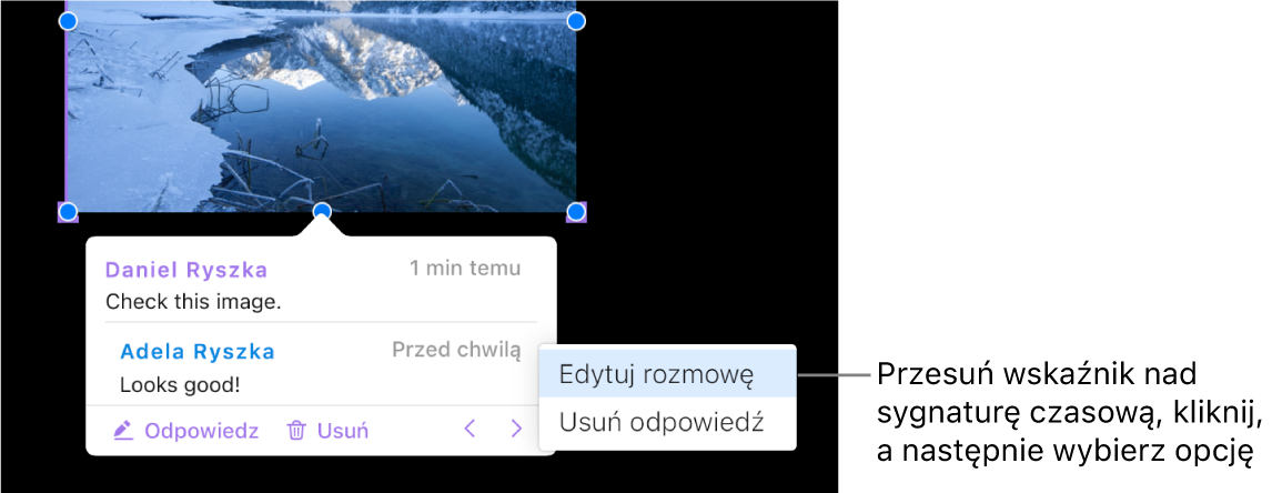 Komentarz z odpowiedzią i wskaźnik na sygnaturze czasowej odpowiedzi. Menu podręczne zawiera dwie opcje: Edytuj odpowiedź i Usuń odpowiedź.