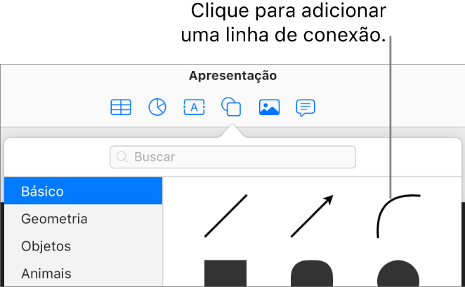 A biblioteca de formas está aberta, com Básico selecionado à esquerda e um número de linhas e formas, incluindo uma linha curva, visível à direita.
