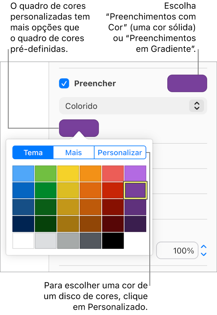 Colorido está selecionado no menu pop-up abaixo da caixa de seleção Preenchimento, e o seletor de cores abaixo do menu pop-up mostra opções adicionais de preenchimento de cor.