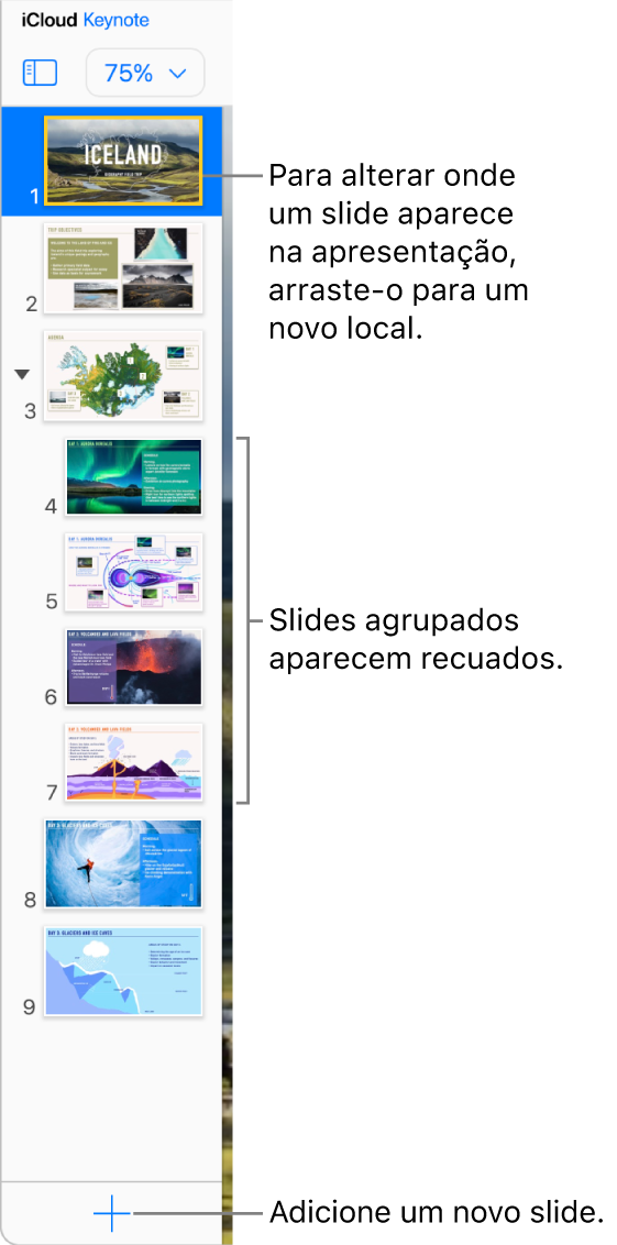 O navegador de slides do Keynote para iCloud está aberto na barra lateral esquerda, mostrando cinco slides na apresentação. Um botão para adicionar um novo slide está na parte inferior da barra lateral.