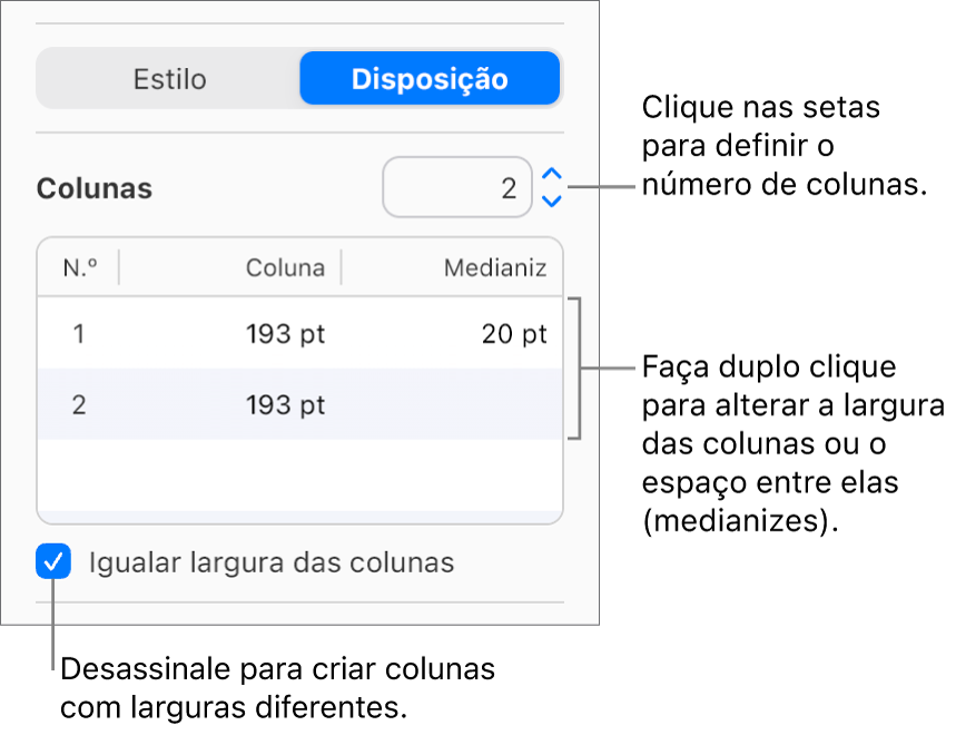Os controlos da coluna de texto na secção “Disposição” da barra lateral “Formatação”.