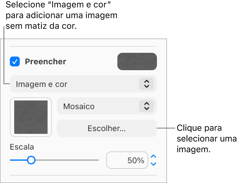 A opção "Preenchimento” está assinalada na barra lateral e a opção “Preenchimento com imagem” está selecionada no menu pop-up sob a opção assinalável. Os controlos para selecionar a imagem, a forma como preenche o objeto e a escala da imagem, são apresentados sob o menu pop-up. Uma pré-visualização do preenchimento com imagem aparece no quadrado (após uma imagem ser escolhida).