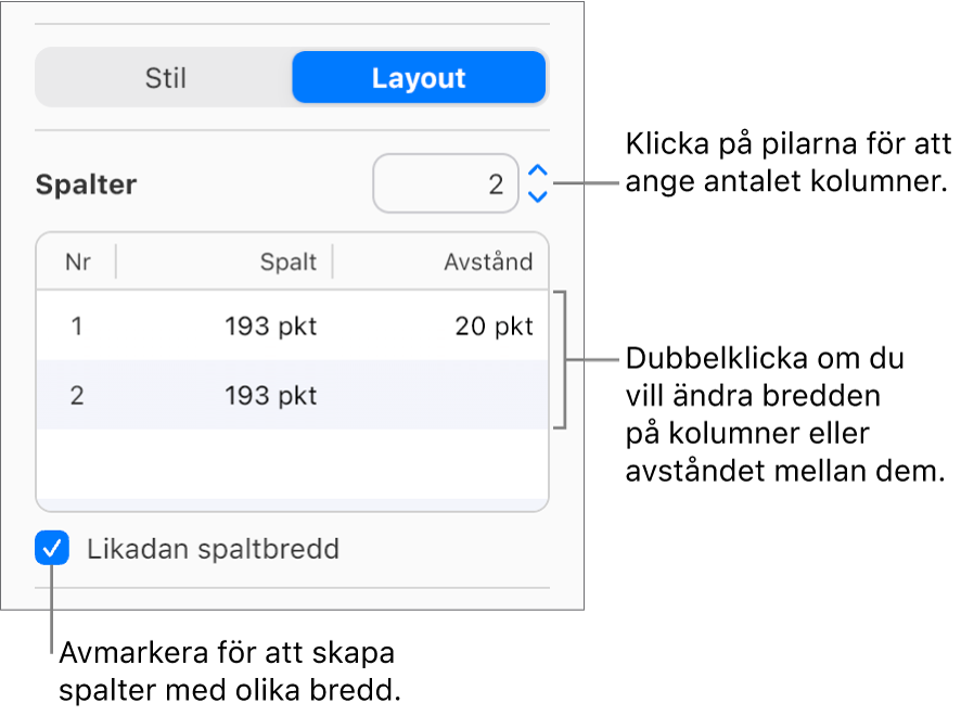 Textkolumnsreglage i Layout-delen av sidofältet Format.