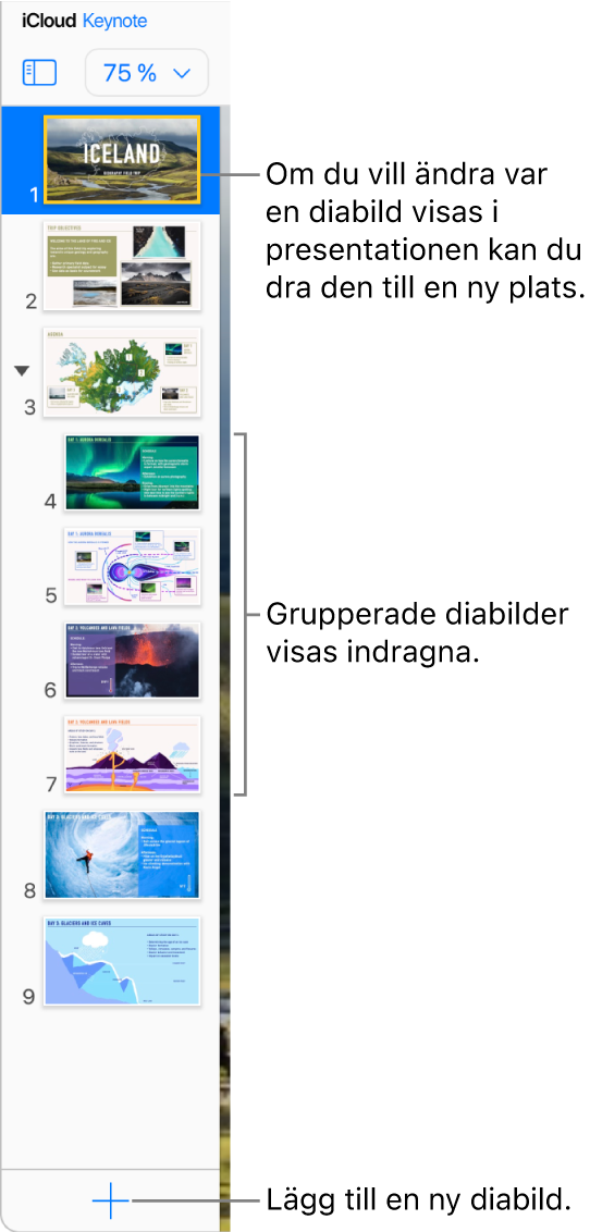 Keynote för iCloud-diabildsnavigatorn är öppen i det vänstra sidofältet och visar fem bilder i presentationen. En knapp för att lägga till en ny bild finns längst ner i sidofältet.