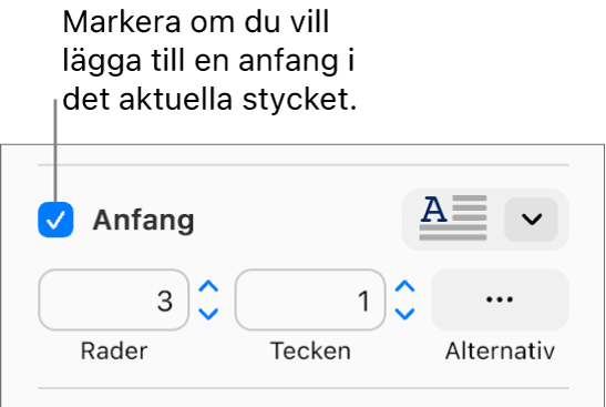 Kryssrutan Anfang är markerad och en popupmeny visas till höger om den, reglage för att ange radavstånd, antal tecken och andra alternativ visas under den.