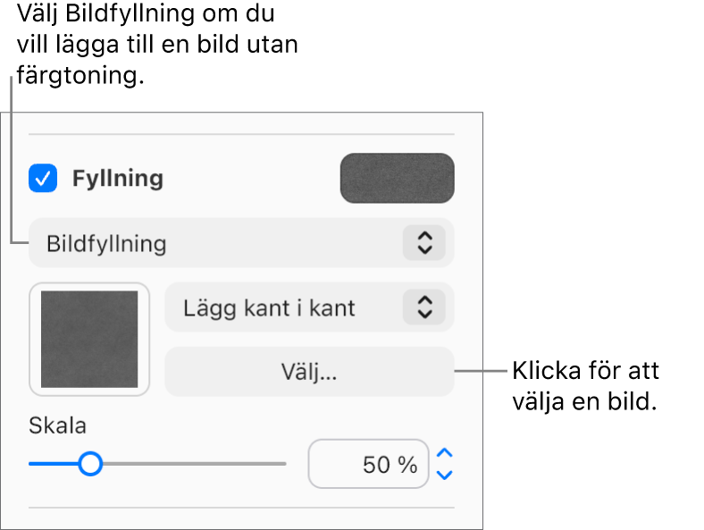 Kryssrutan Fyllning är markerad i sidofältet och Bildfyllning väljs i popupmenyn under kryssrutan. Reglage för att välja bilden, hur den fyller objektet och bildens skala visas under popupmenyn. En förhandsvisning av bildfyllningen visas i rutan (när en bild har valts).