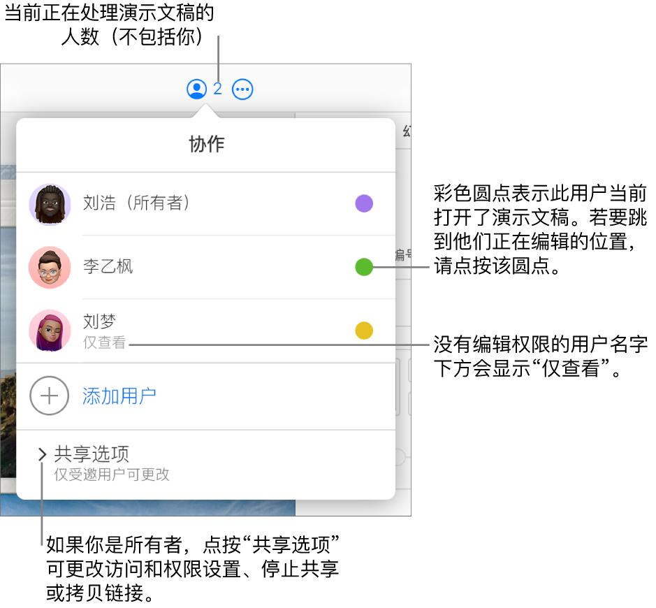 “协作”菜单已打开,其中包含一个三位参与者的列表(其中一位的访问权限为“仅查看”),一个“添加用户”选项,以及一个“共享选项”部分。
