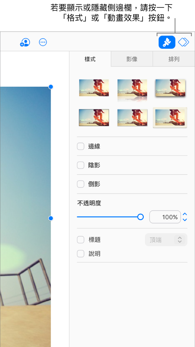 工具列中已選取「格式」按鈕,樣式、陰影及其他格式控制項目則出現在幻燈片右方的側邊欄。