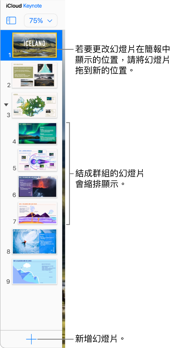 iCloud 版 Keynote 幻燈片導覽器已於左側邊欄開啟，顯示簡報中有五張幻燈片。用於加入幻燈片的按鈕位於側邊欄底部。