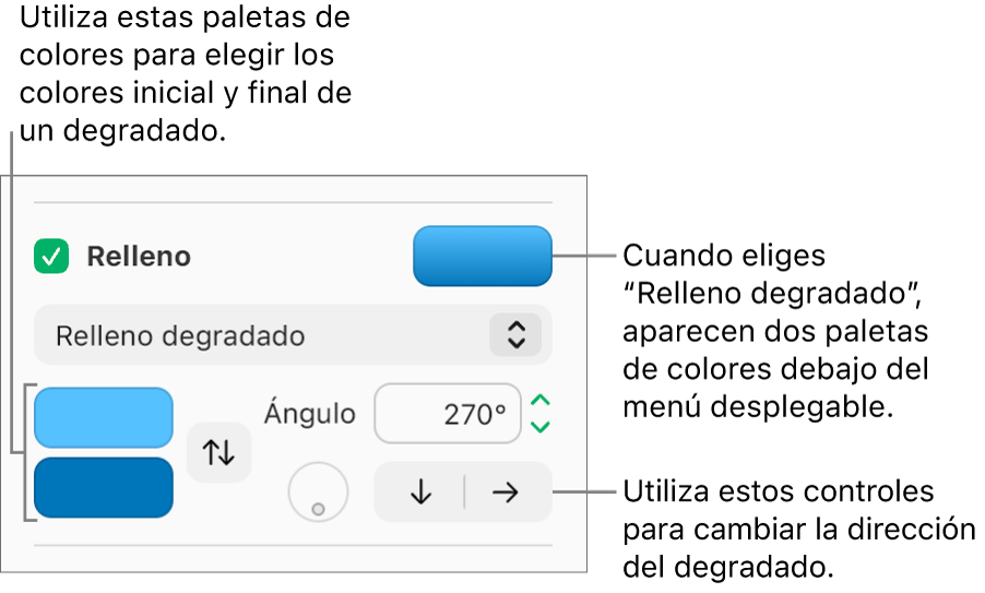 “Relleno degradado” está seleccionado en el menú desplegable debajo de la casilla Relleno. Las paletas de colores aparecen debajo del menú desplegable, y los controles de degradado aparecen a la derecha.