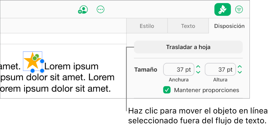 Hay una imagen integrada seleccionada dentro del cuadro de texto y el botón “Mover a la hoja” está visible en la pestaña Disposición de la barra lateral.