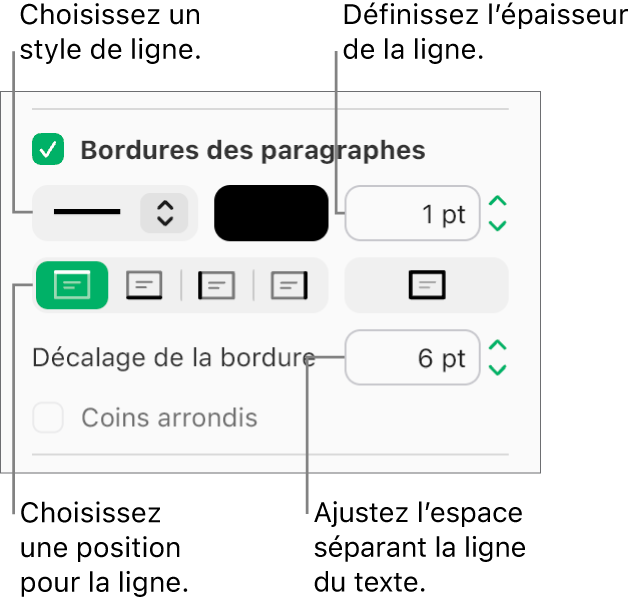 La case « Bordures des paragraphes » est cochée dans l’onglet Disposition de la barre latérale Format, et les commandes permettant de modifier le style de ligne, la couleur, l’épaisseur, la position et le décalage par rapport au texte apparaissent sous la case à cocher.